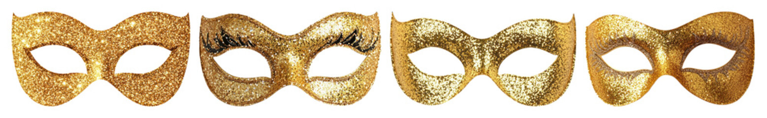 Obraz premium PNG Golden masquerade masks aligned, element set on transparent background