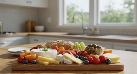 Sunlit Kitchen Counter Showcases a Delicious Cheese and Fruit Board