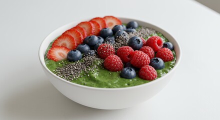 Vibrant Green Smoothie Bowl Topped with Fresh Berries and Chia Seeds