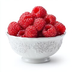A bowl overflowing with fresh, vibrant red raspberries. The berries are plump and juicy, presented in a decorative white bowl