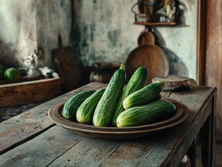 Cucumbers on the wooden plate in old wooden kitchen.