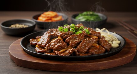 Sizzling Korean Bulgogi: A savory beef feast, perfectly seared and seasoned, served with vibrant sides.