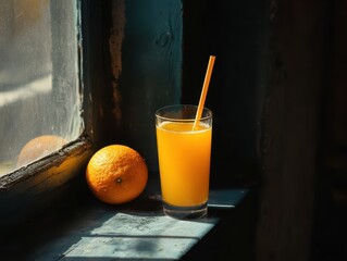 An orange and orange juice at the window .