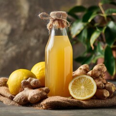 A bottle of ginger and lemon drink. surrounded by lemons and ginger roots
