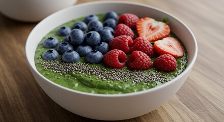 Vibrant Green Smoothie Bowl Topped with Berries and Chia Seeds