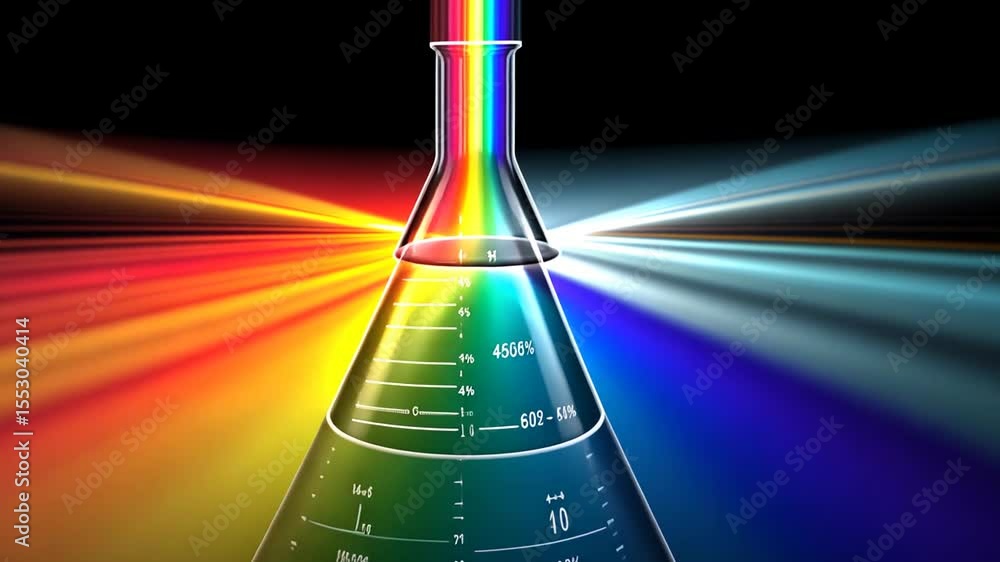 Poster rainbow light through lab flask, dark background, colorful rays on each side