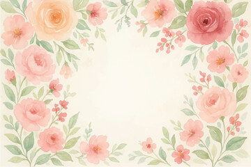 Vintage floral background with romantic pink roses, elegant frame, and decorative hearts for a wedding or Valentine's Day card design