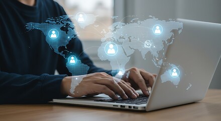 International collaboration network,Global remote collaboration and international teamwork,Modern technology concept with hands typing on a laptop, surrounded by virtual network nodes and a world map.