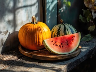 Pumpkin and watermelon in nice vintage room putted on wooden plate.