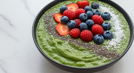 Vibrant Green Smoothie Bowl Topped with Fresh Berries and Chia Seeds