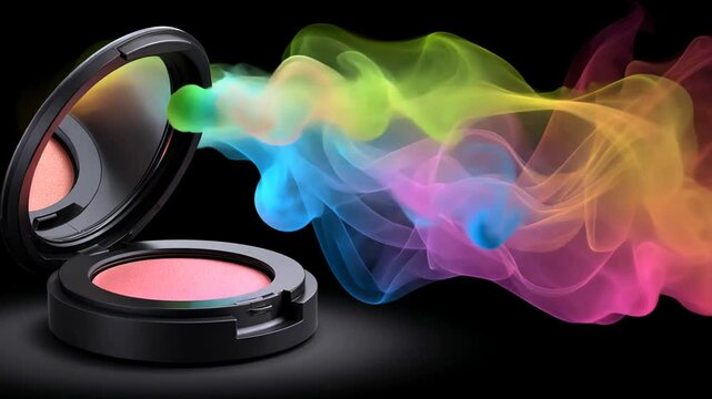Open compact with pink powder against abstract colorful smoke background