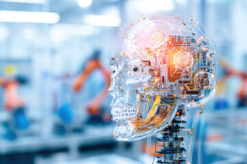 Transparent robotic head with visible mechanical and electronic components in a futuristic lab setting, highlighting advanced AI and robotics technology.