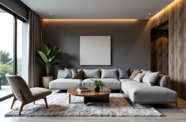 Fototapeta premium Modern living room featuring a spacious sectional sofa, stylish decor, large windows with natural light, and contemporary artwork, creating a cozy and inviting atmosphere