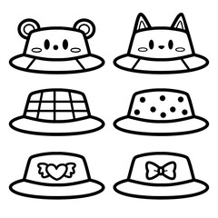 Set of cute hand drawn doodle bucket hat outline black and white design collections