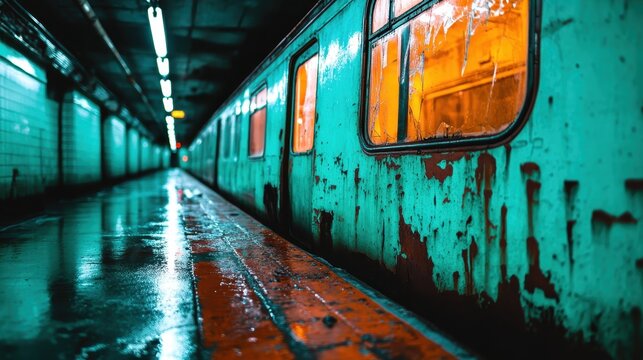 This image depicts an abandoned subway train in a dimly lit tunnel, showcasing urban decay with vibrant turquoise walls and reflections that evoke a sense of nostalgia and mystery.