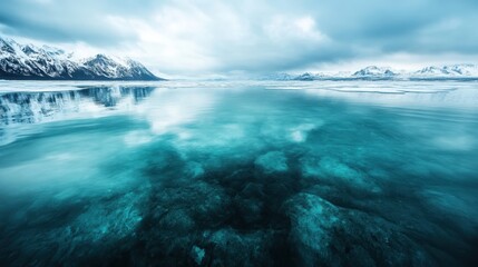 A stunning view of calm waters reflecting the imposing mountains, creating a serene and tranquil winter landscape bathed in cool blue hues and dramatic cloud formations.