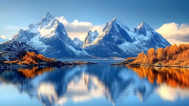 Expansive landscape showing snow-capped peaks reflected in the calm waters of Lake Tyin, Norway