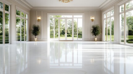 A spacious and brightly lit room showcases elegant design elements including large windows and fresh green plants, creating a serene environment perfect for relaxation.