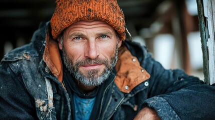 A close-up portrait of a rugged man in a beanie, showcasing his weathered features and warm smile, set against a rustic backdrop that tells a story of resilience and hard work.