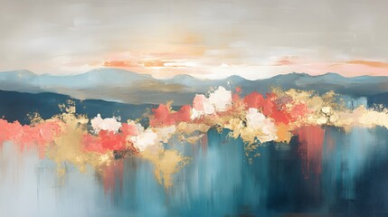 Abstract Gold Teal Mountain Landscape Painting