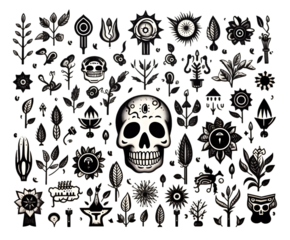 A monochrome illustration featuring a skull surrounded by various floral and symbolic elements on black on white background