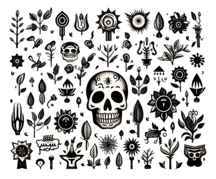 A monochrome illustration featuring a skull surrounded by various floral and symbolic elements on black on white background - Powered by Adobe
