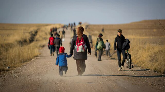 Refugees walking through desolate landscape amid conflict. Forced migration, refugee crisis, war displacement.