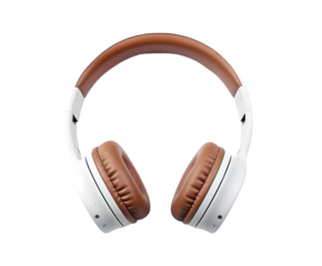 A close up of white and brown over ear headphones isolated on a black background in a studio shot on white background