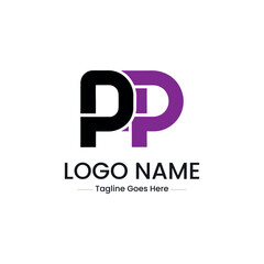 Vector art of a modern logo design features the letters pp in purple and black, isolated on white background