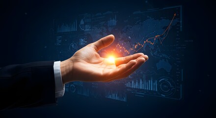 Hand with Bright Light Over Digital World Map