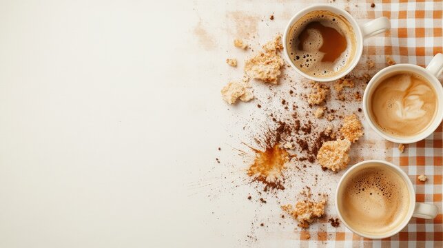 Three cups of diverse coffee types are presented, with crumbs and spills accentuating the lively atmosphere of a delicious coffee moment that invites you to indulge.