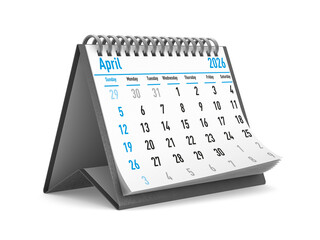 2026 year. Calendar for April. Isolated 3D illustration
