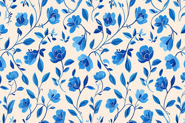 Elegant blue floral pattern with repeating flower and leaf motifs on cream background