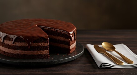 Decadent Chocolate Cake Awaits, a Slice Missing, Gold Cutlery Beckons.