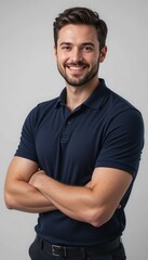 Obraz premium Smiling Man Navy Blue Polo Shirt Crossed Arms Studio Portrait