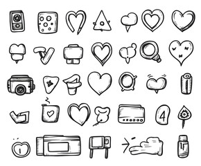 A collection of various hand drawn doodle style icons in white on a black background pattern design on white background