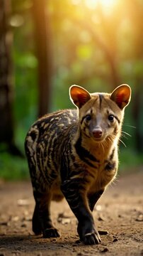 Adorable Common Genet standing attentively on dirt path with a forest background and bright sunlight through the trees, eye contact