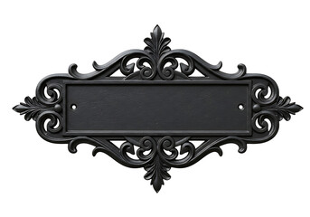 A sophisticated black nameplate with ornate swirls, ideal for branding mockups or signage design with its elegant vintage style.