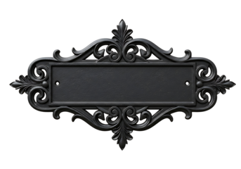 A sophisticated black nameplate with ornate swirls, ideal for branding mockups or signage design with its elegant vintage style.