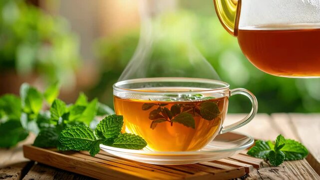 A steaming cup of herbal tea is poured from a clear teapot, surrounded by fresh mint leaves, creating a soothing and refreshing atmosphere.