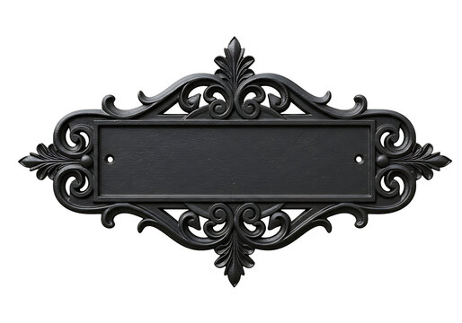 A sophisticated black nameplate with ornate swirls, ideal for branding mockups or signage design with its elegant vintage style.