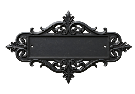 A sophisticated black nameplate with ornate swirls, ideal for branding mockups or signage design with its elegant vintage style.