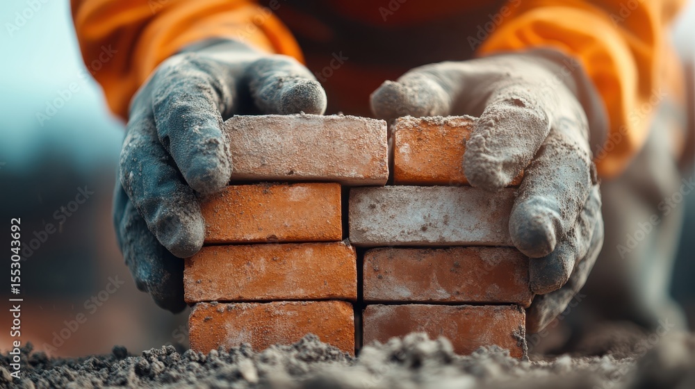 Poster a pair of hands skillfully arranging bricks in a construction site, depicting the craftsmanship invo