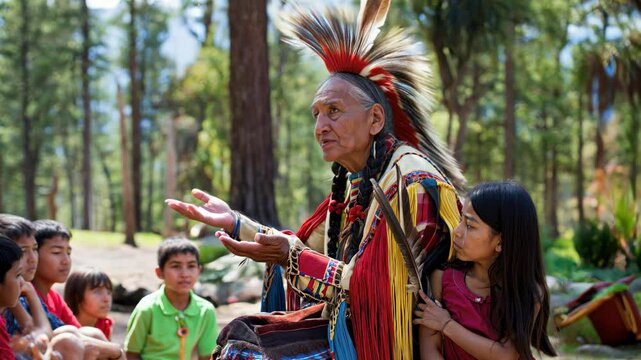 Elder indigenous man teaching children outdoors with traditional attire and feathers. Ancestral wisdom, oral tradition, generation connection.