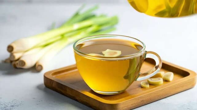 Fresh lemongrass tea being poured into a clear glass cup on a wooden tray, surrounded by lemongrass stalks and garlic cloves for a refreshing drink.