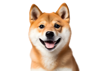 Close up portrait of a smiling shiba inu dog with its tongue out on a black background looking at viewer on white background