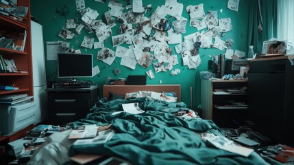 A cluttered bedroom filled with a messy bed, scattered papers, and electronic devices, showcasing a chaotic living space and the potential struggles of organization and cleanliness.