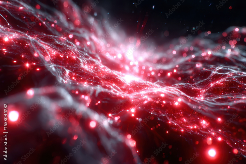 Poster exploration of digital cosmic patterns emphasizing vibrant red hues and dynamic motion