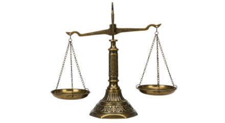Antique brass scales of justice on a white background.