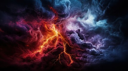Fototapeta premium An intense and dramatic display of storm clouds filled with vibrant colors and flashes of lightning captures the raw power and beauty of nature's phenomena.